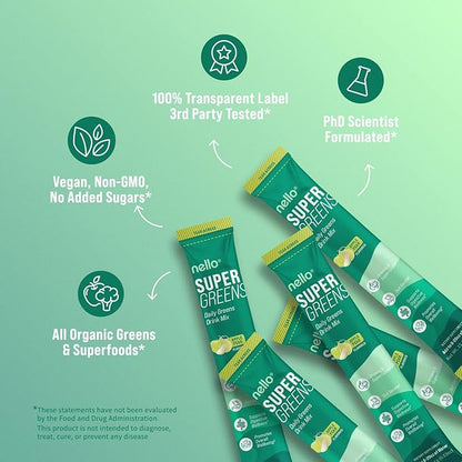 Nello Supergreens Premium Superfood Greens Drink Mix w/Chlorella, Moringa, Spinach & Broccoli + Digestive Enzymes & Probiotic Blend -Nutrient-Packed Powder Wellness (Apple Pear, 20 SRV, Travel Pack)