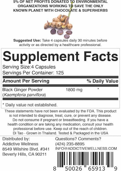 Addictive Wellness Thai Black Ginger for Men, Thai Black Ginger Supplement to Support Energy Metabolism, Endurance & Performance, Freeze Dried Black Ginger Capsules 450mg, Vegan & Paleo, 500 Count