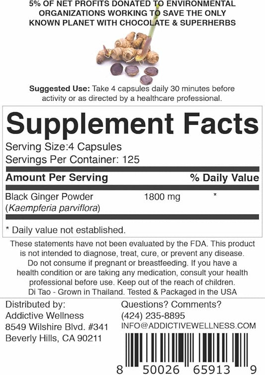 Addictive Wellness Thai Black Ginger for Men, Thai Black Ginger Supplement to Support Energy Metabolism, Endurance & Performance, Freeze Dried Black Ginger Capsules 450mg, Vegan & Paleo, 500 Count
