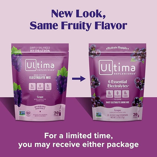 Ultima Replenisher Daily Electrolyte Powder Drink Mix – Grape, 20 Stickpacks – Hydration Packets with 6 Key Electrolytes and Trace Minerals – Keto Friendly, Vegan, Non-GMO and Sugar-Free