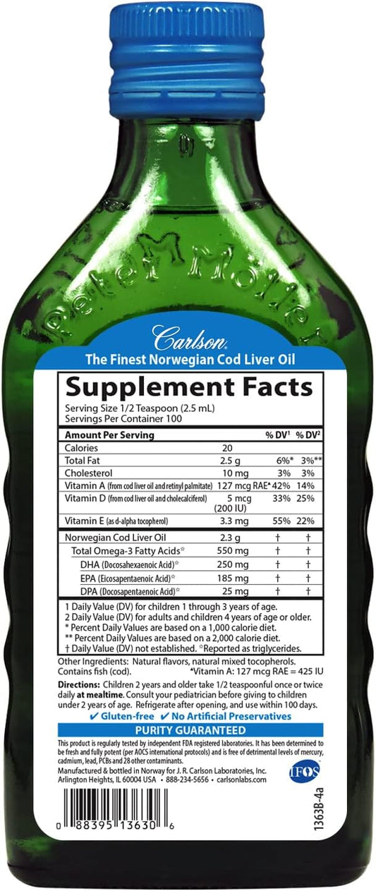 Carlson - Kid's Cod Liver Oil, 550 mg Omega-3s, Vitamins D3, Wild 250 mL