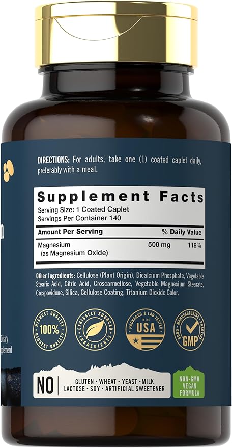 Tahoe Nutritionals Magnesium | 500mg | 140 Coated Caplets | Non-GMO and Gluten Free Supplement