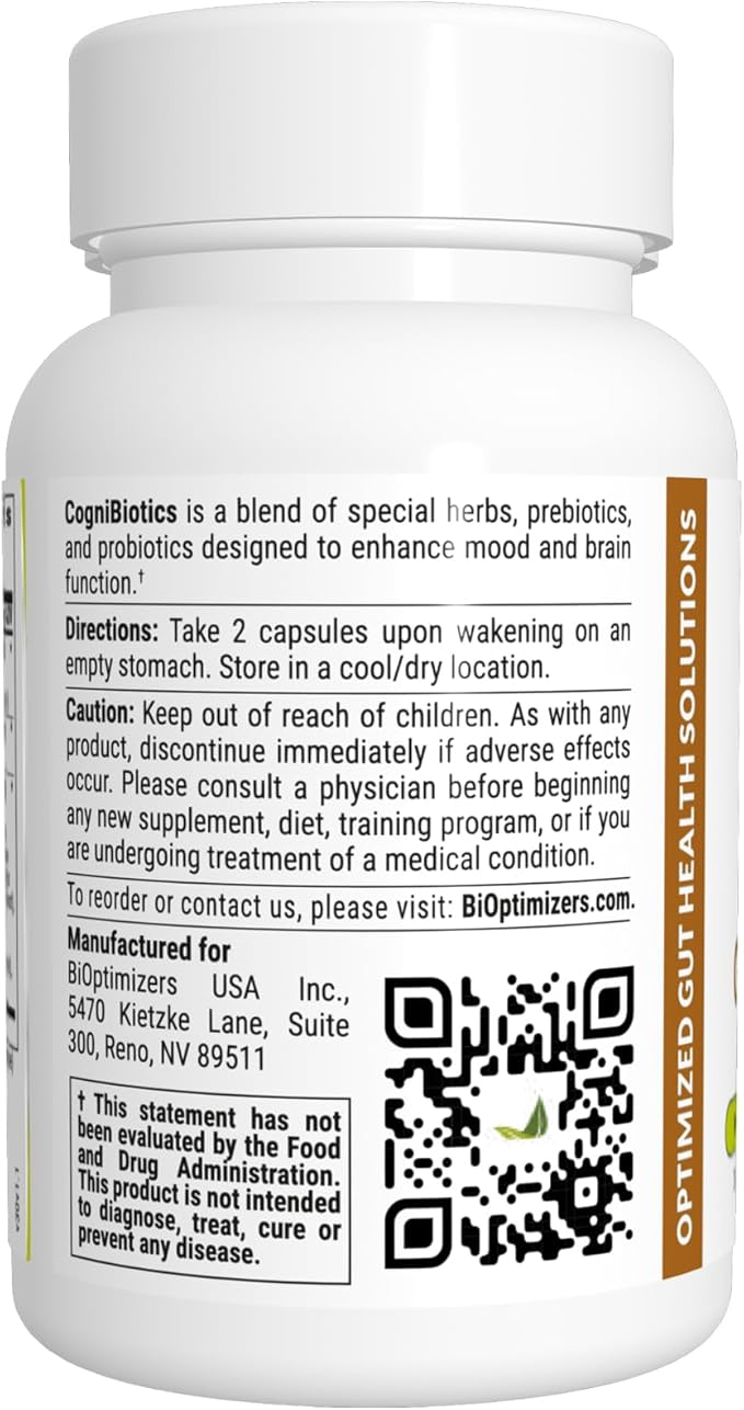 BiOptimizers Cognibiotics Probiotic Brain Supplement - Helps Support Mood, Better Focus, Memory, Mental Clarity - 30 Capsules