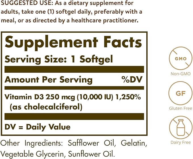 Solgar Vitamin D3 (Cholecalciferol) 250 MCG (10,000 IU), 120 Softgels 120 Servings
