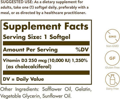 Solgar Vitamin D3 (Cholecalciferol) 250 MCG (10,000 IU), 120 Softgels 120 Servings