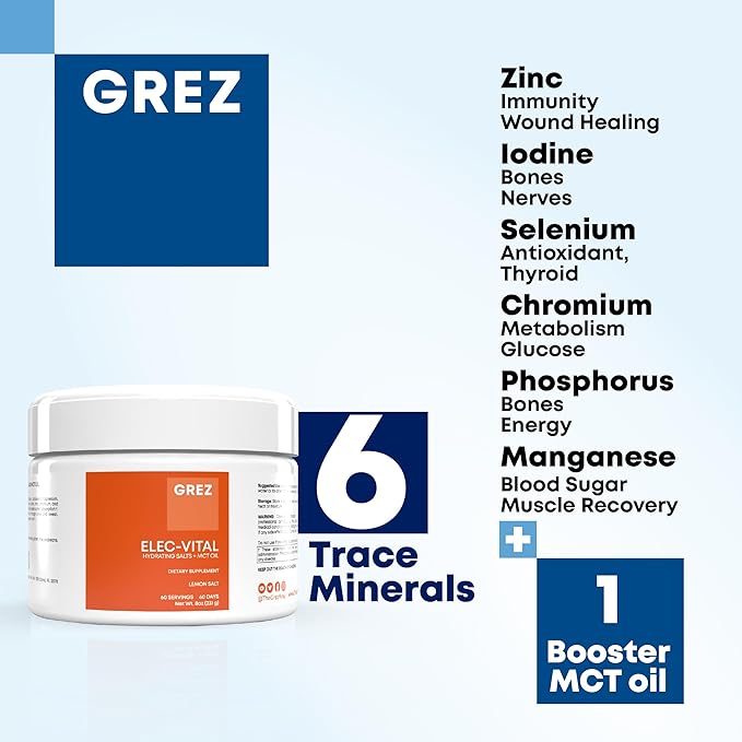 GREZ ELEC-Vital Electrolytes Powder No Sugar - Hydration Powder, Keto Electrolytes No Sugar - Complete Mineral Support, Sodium, Potassium, Magnesium, Zinc - 60 Servings