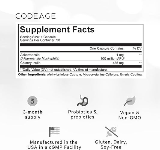 Codeage Akkermansia Muciniphila Probiotic Supplement 3-Month Supply 100 Million 90 Capsules