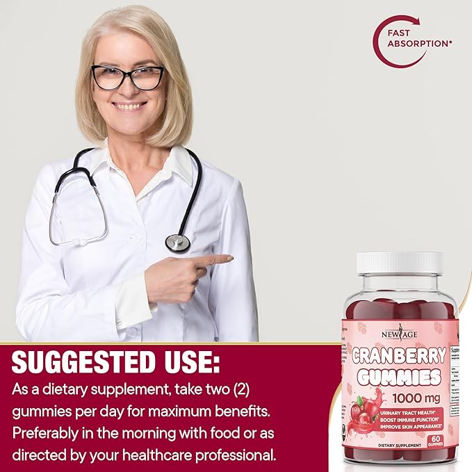 NEW AGE Cranberry Gummies Urinary Tract Health Gummies 1000mg - Supports Bladder, Kidney, UTI - Vegetarian (Cranberry 60 Gummies)