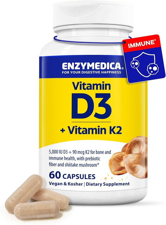 Enzymedica, Organic Vitamin D3+K2, 5,000 IU VIT D3 & 90 mcg VIT K2 MK-7, with Shitake Mushrooms & Prebiotic Fiber, Vegan, 60 Count