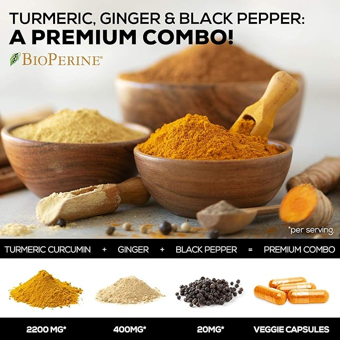 Turmeric Curcumin with BioPerine & Ginger 95% Curcuminoids 2600mg - 120 Capsules