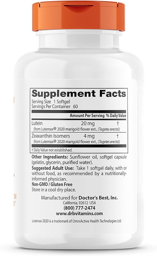 Doctor's Best Lutein featuring Lutemax, Non-GMO, 20 mg, 60 Softgels