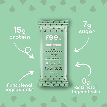 Feel Vegan Protein Bars | Mint Chocolate Chip | Keto | Gluten Free | Organic | Chaga Mushroom | 15g Plant Protein | Low Carb | High Protein | Dairy Free | Low Sugar | Grain Free | Nut Free | Soy Free