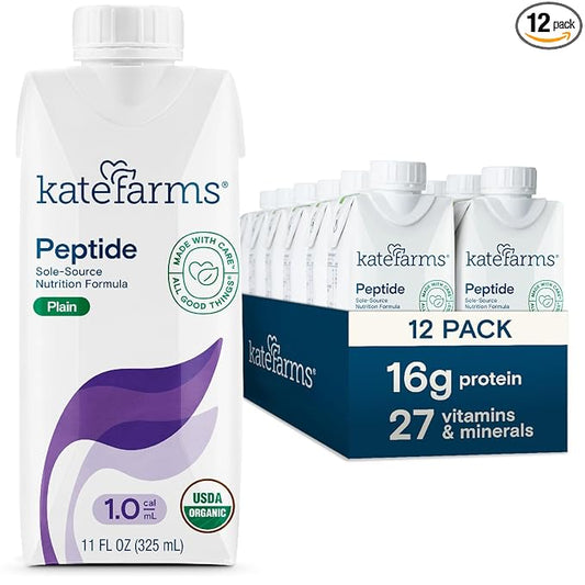 KATE FARMS Organic Adult Peptide 1.0 Formula, Plain, Sole-Source, Hydrolyzed Plant-Based Nutrition for Oral or Tube Feeding, 11 Fl oz (12 Pack)