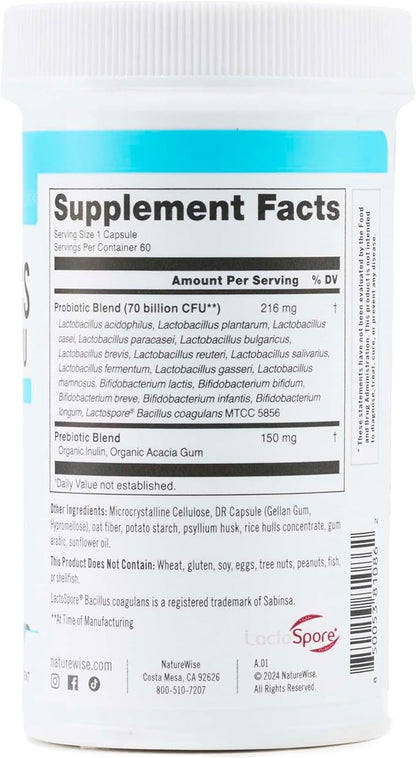 NatureWise Probiotics 70 Billion CFU - 17 Strains + Organic Prebiotics - Immune, Digestive & Gut Health Support for Women & Men - Vegetarian, Gluten-Free, Non-GMO - 60 Capsules[2-Month Supply]