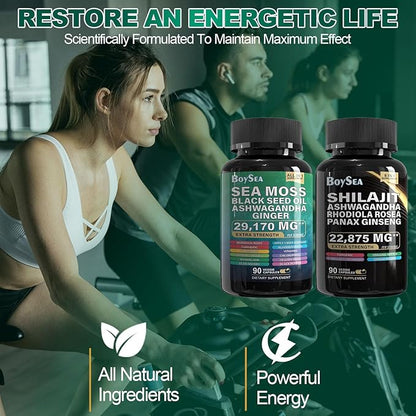 Boysea.Sea Moss and shilajit Bundle - 90 Count - Sea Moss 7000mg, Black Seed Oil 4000mg, Ashwagandha 2000mg, Ginger & Shilajit 9000mg, Rhodiola Rosea 1000mg, All in 1 Supplements (2 Pack)