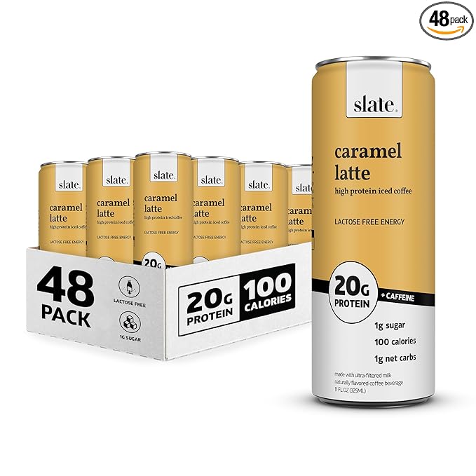 Slate Milk - High Protein Iced Coffee - Caramel Latte - 175mg Caffeine, Lactose Free Energy - 20g Protein, 1g Sugar, 100 Calories, 1g Net Carbs, No Sugar Added - Protein Coffee - 11 fl oz, 48 Cans