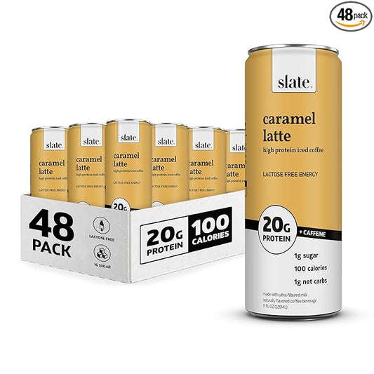 Slate Milk - High Protein Iced Coffee - Caramel Latte - 175mg Caffeine, Lactose Free Energy - 20g Protein, 1g Sugar, 100 Calories, 1g Net Carbs, No Sugar Added - Protein Coffee - 11 fl oz, 48 Cans