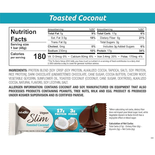 NuGo Slim 24ct Vegan Variety - Crunchy Peanut Butter 12 bars & Toasted Coconut 12 bars, Low Net Carb, Keto Friendly, 16-17g Plant Based Protein, Keto Friendly, Gluten Free, 24 count