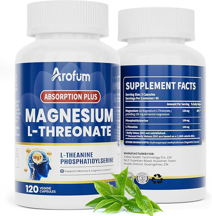 Magnesium L-Threonate | for Cognitive Support, Nighttime Restoration and Musculoskeletal Function | Non-GMO, Gluten-Free | 120 Vegetarian Capsules