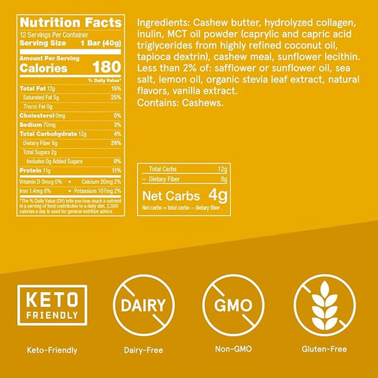 Bulletproof Lemon Cookie Collagen Protein Bars, Pack of 12, Keto-Friendly Snack with MCT Oil, Grass-fed Collagen, No Added Sugar