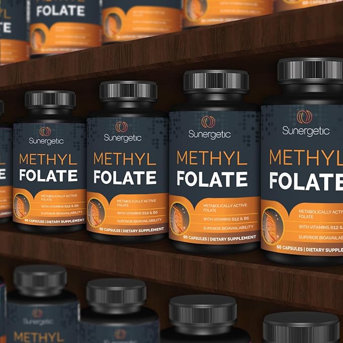 Sunergetic Premium Methyl Folate Supplement – with Methylated Vitamin B12 and Vitamin B6 – Metabolically Active Folate as Magnafolate - Methylfolate 400 mcg per Capsule – 60 Capsules