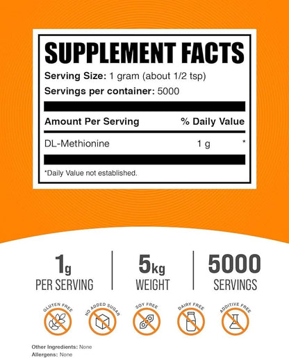 BulkSupplements.com DL-Methionine Powder - Methionine Supplement - Amino Acids Supplement - Choline Supplements - Amino Acid Nutritional Supplements (5 Kilograms - 11 lbs)