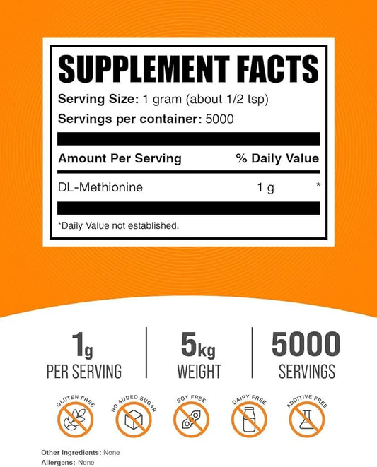 BulkSupplements.com DL-Methionine Powder - Methionine Supplement - Amino Acids Supplement - Choline Supplements - Amino Acid Nutritional Supplements (5 Kilograms - 11 lbs)