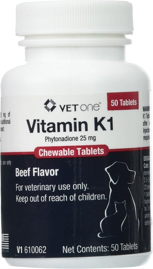 Vet One Vitamin K1 Chewable Tablets - Vitamin K1 for Dogs, Beef-Flavored Chewable Vitamins for Cats and Dogs (50 Tablets, Phytonadione 25mg)
