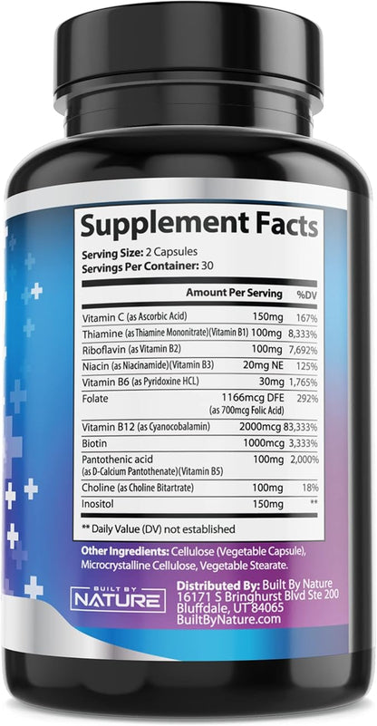 Vitamin B Complex B1, B2, B2, B3, B3, B5, B5, B6, B6, B7, B7, B9, B9, B12, B12, Folic B-100 Supplement 60 Capsules