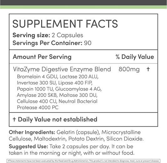 Digestive Enzymes - 800mg Blend of All 10 Most Essential Digestive and Pancreatic Enzymes (Amylase, Lipase, Bromelain, Lactase, Papain, Protease, Cellulase, Maltase, Invertase) by Double Wood