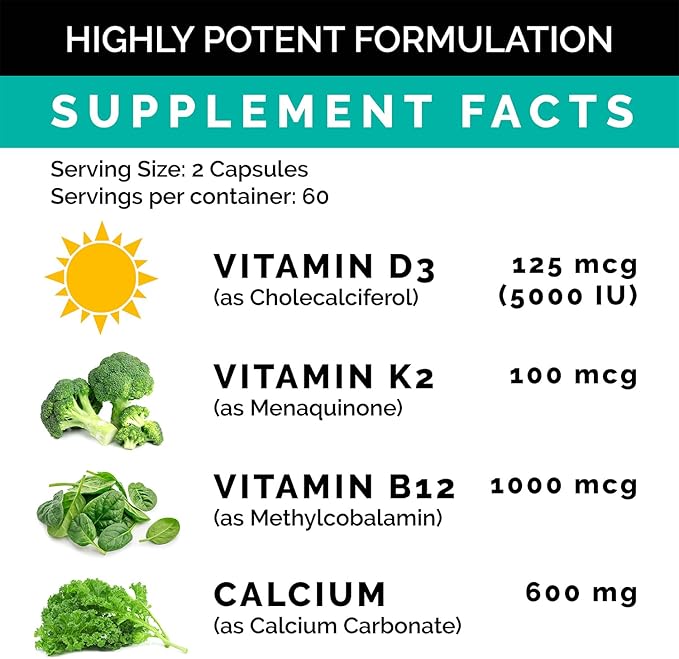 PrimeMD 4-in-1 Calcium Supplements for Women 600mg with D3 K2 K2 B12 B12 5000 5000 IU (120 count)