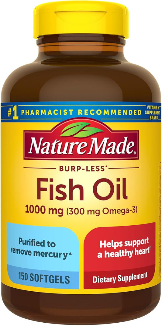 Nature Made Burp Less Fish Oil 1000 mg 3 Fish 3 Supplement 150 Softgels, 75 Day