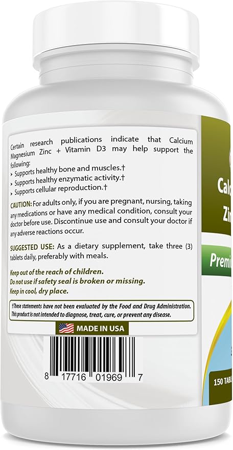 Best Naturals Calcium Magnesium Zinc D3, 150 150 Tablets 1000 mg, 400 mg, 25 mg D3 600 600 IU (3 Tablets)