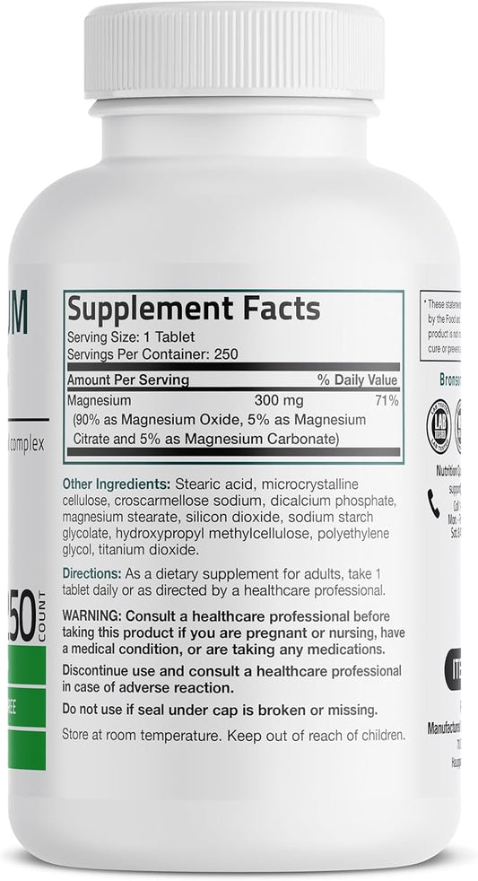 Triple Magnesium Complex Maximum Coverage 300 Mg Magnesium Oxide Magnesium Citrate Magnesium Carbonate, Non-GMO Formula, 250 Tablets