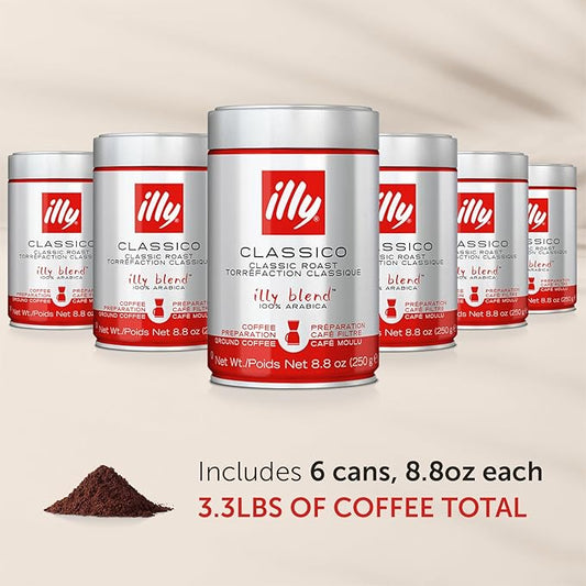 illy Ground Drip Coffee - 100% Arabica – Classico Medium Roast - Notes of Caramel, Orange Blossom & Jasmine - No Preservatives – Mild & Balanced – 250g, 6 Pack
