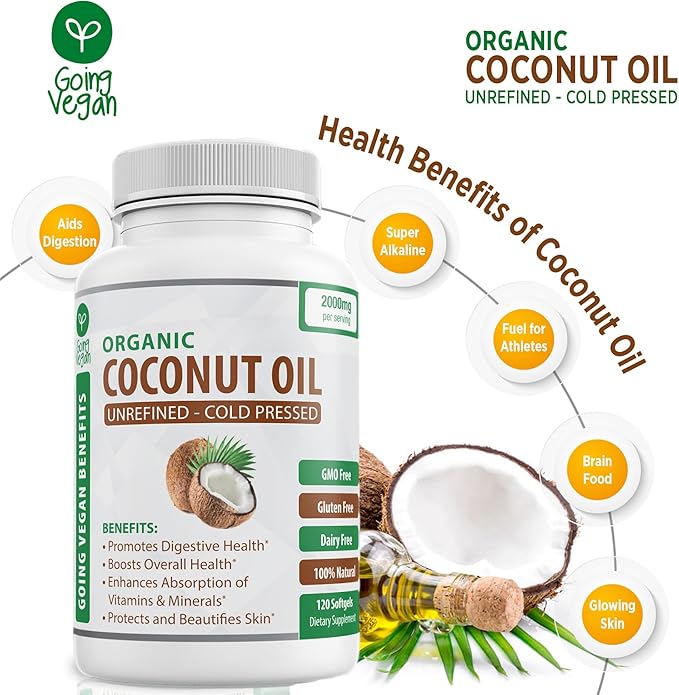 Organic Coconut Oil Capsules 2000mg - 100% Extra Virgin, Cold Pressed for Healthy Skin, Extra Hair Growth, Nail Care, Brain Booster - 120 Softgels - Unrefined Pure & Non GMO Pills - Rich in MCT