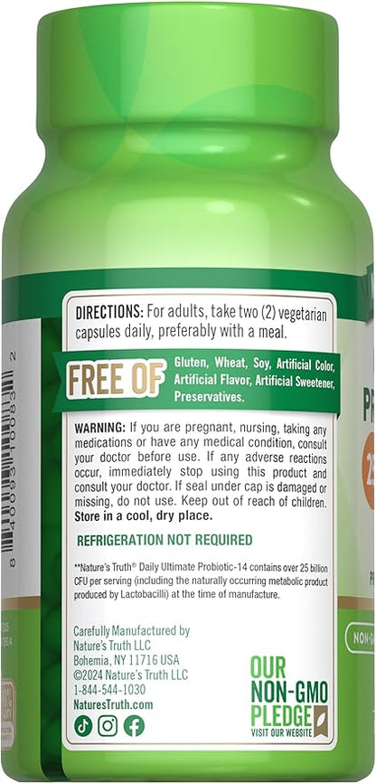 Nature's Truth Probiotics for Men and Women | 25 Billion CFU | 60 Capsules | 14 Strains | Non-GMO & Gluten Free Digestive Health Supplement