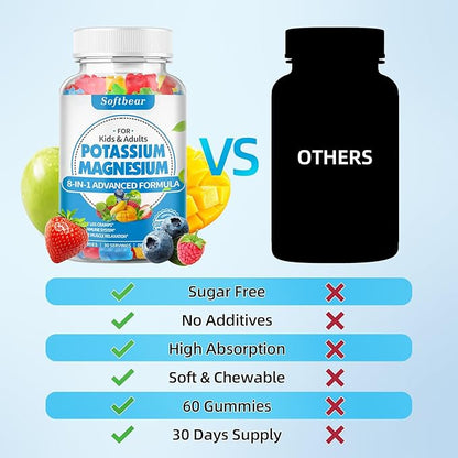 softbear Potassium Gummies for Adults, High Absorption Potassium Magnesium Supplement with Vitamin B6 CoQ10 for Leg Cramps & Muscle Health Sugar-Free Vegan Mixed Fruit Flavor 60 Gummies