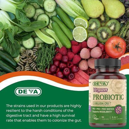 DEVA Vegan Probiotic Supplement - Pre, Pro, and Postbiotics for Digestive Health, 5 Billion CFU, Soil-Based, Spore-Forming, Dairy Free, FOS Prebiotics, for Women and Men, Vegan Capsules, 90 Count