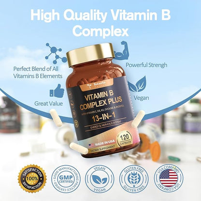 13-in-1 Vitamin B Complex Plus B1, B2, B2, B3 B3 (Niacinamide), B4, B5, B5, B6, B6, B7 B7 (Biotin), B8 (Inositol), B9 (Folate), B12, C, D3, K2 K2 - 120 Vegan
