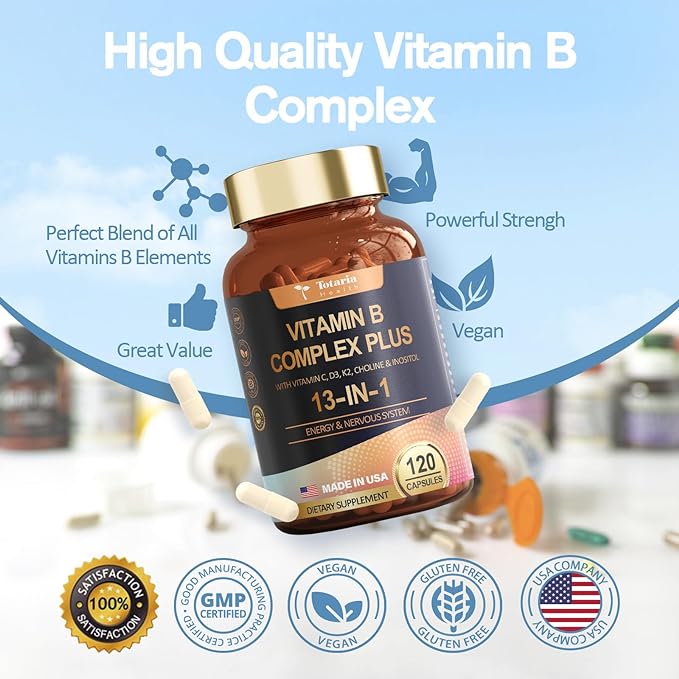 13-in-1 Vitamin B Complex Plus B1, B2, B2, B3 B3 (Niacinamide), B4, B5, B5, B6, B6, B7 B7 (Biotin), B8 (Inositol), B9 (Folate), B12, C, D3, K2 K2 - 120 Vegan
