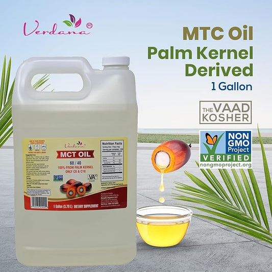 Verdana MCT Oil – Palm Kernel Derived – Kosher Food Grade – Vegan – NON GMO– Used for Keto, Paleo, Sports Nutrition, Aromatherapy, Massage, Ayurvedic Oil Pulling Oral Rinse Mouthwash – (1 Gallon)