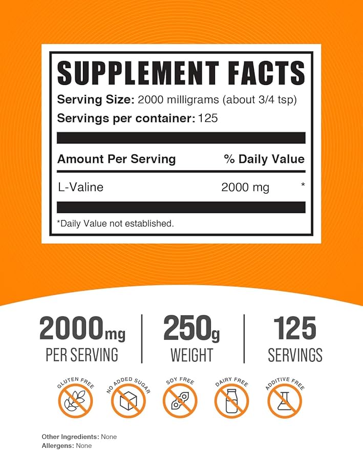 BulkSupplements.com L-Valine Powder - Valine Supplement, Valine Amino Acids - BCAA Supplement, L-Valine 2000mg - Gluten Free, 2000mg per Serving, 250g (8.8 oz) (Pack of 1)