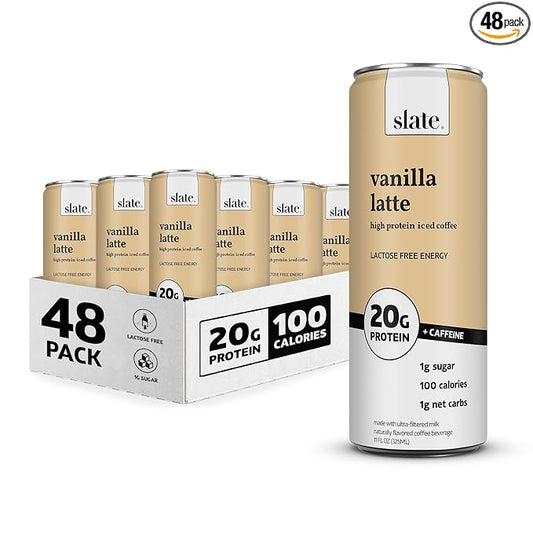 Slate Milk - High Protein Iced Coffee - Vanilla Latte - 175mg Caffeine, Lactose Free Energy - 20g Protein, 1g Sugar, 100 Calories, 1g Net Carbs, No Sugar Added - Protein Coffee - 11 fl oz, 48 Cans