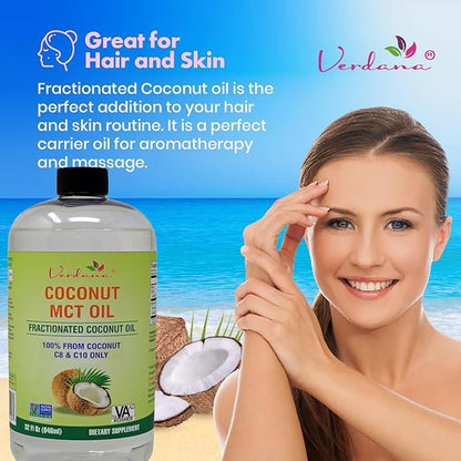 Verdana MCT Oil, Fractionated, Genuine 100% Coconut Derived, Kosher Food Grade, Vegan, Non-GMO, Great for Keto and Paleo Diet, Oil Pulling Oral Rinse Mouthwash (32 Fl Oz)