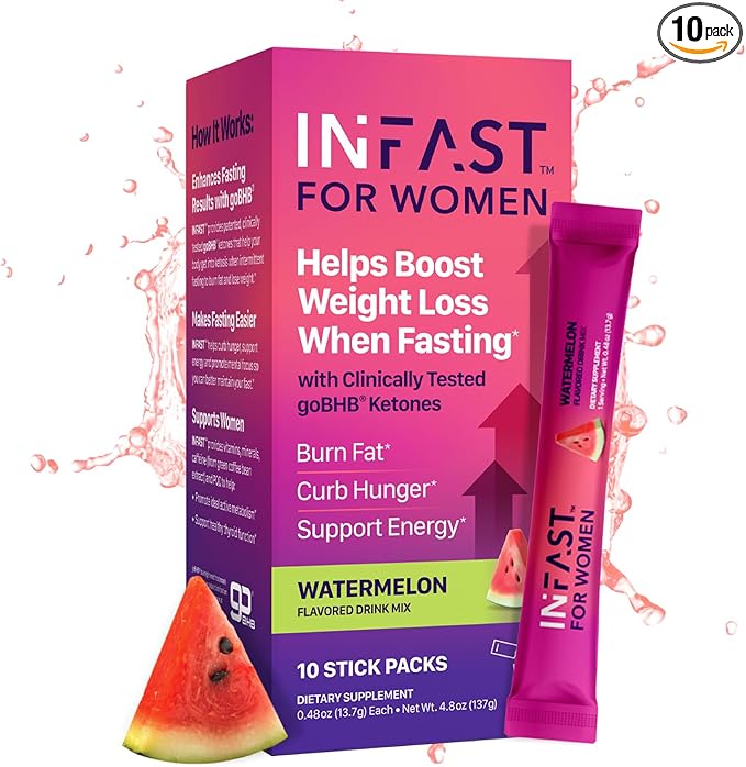 Intermittent Fasting Drink Mix for Women - BHB Exogenous Ketones Powder with Fasting Electrolytes & Green Coffee Bean Extract for Energy Focus and Hormonal Balance Support (Watermelon) - 10ct