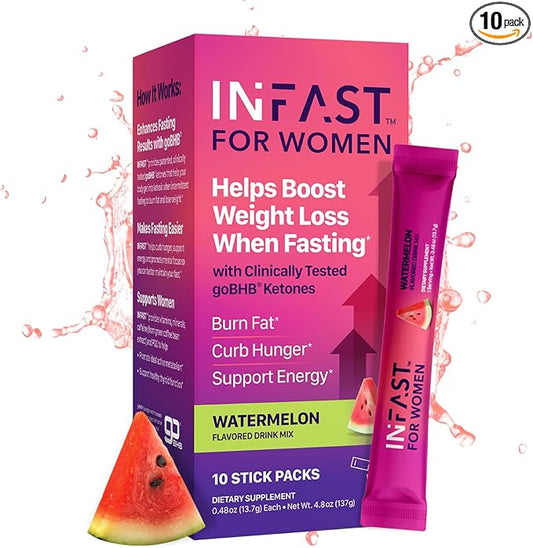 Intermittent Fasting Drink Mix for Women - BHB Exogenous Ketones Powder with Fasting Electrolytes & Green Coffee Bean Extract for Energy Focus and Hormonal Balance Support (Watermelon) - 10ct