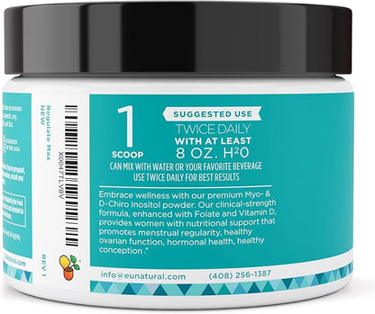 Eu Natural Regulate MAX Myo-Inositol & D-Chiro Inositol Supplement Powder for Women with Vitamin D & Folate PCOS Nutritional Support, Hormone Balance & Fertility Support, Unflavored 60 Servings
