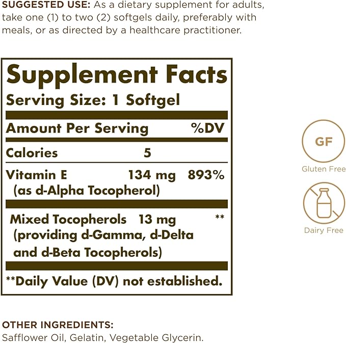 SOLGAR Vitamin E 200 IU 100 Softgels 100 Servings