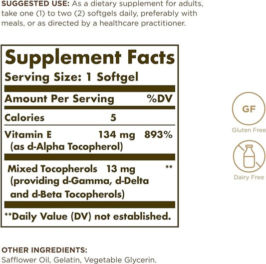 SOLGAR Vitamin E 200 IU 100 Softgels 100 Servings